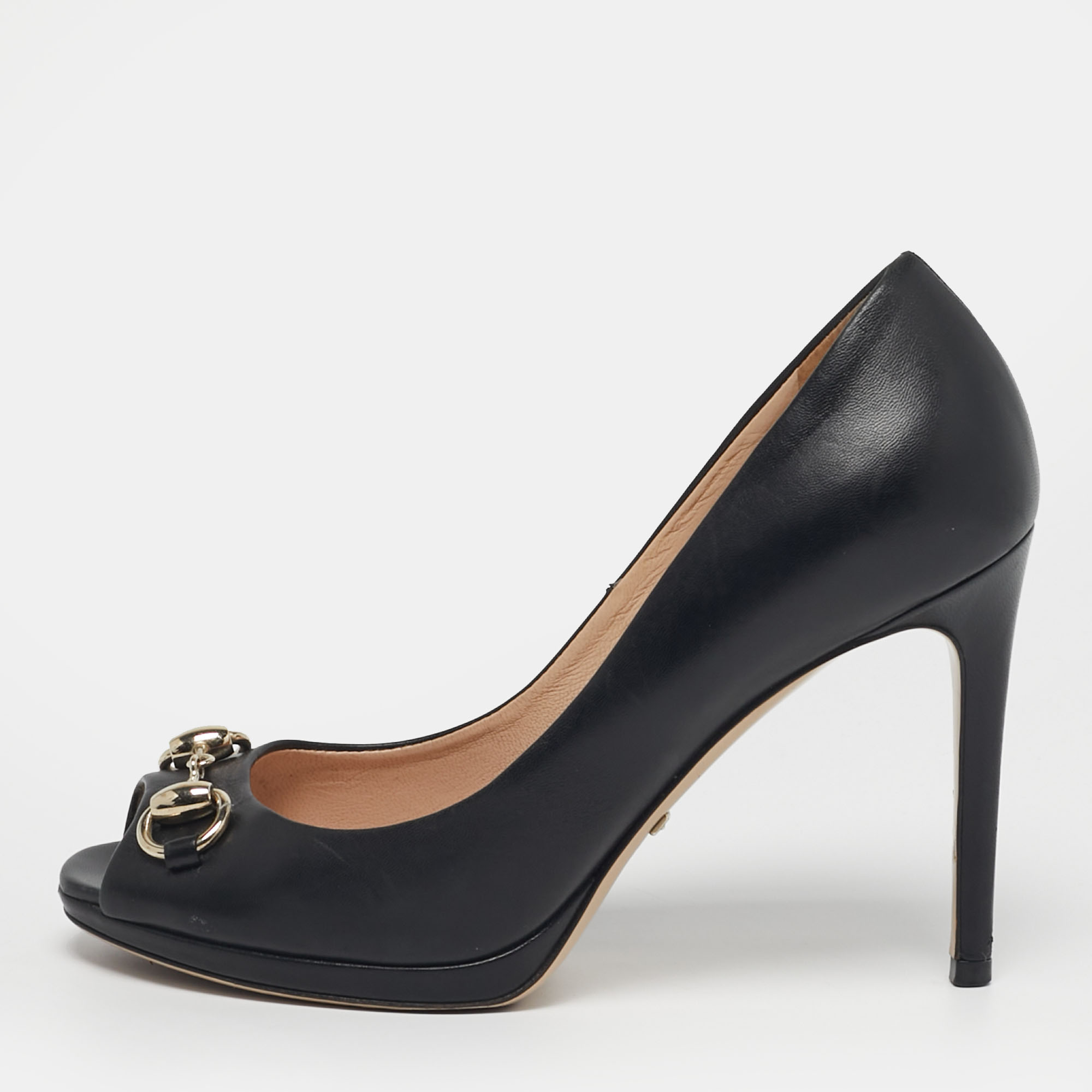 

Gucci Size  Black Leather Horsebit Peep Toe Pumps