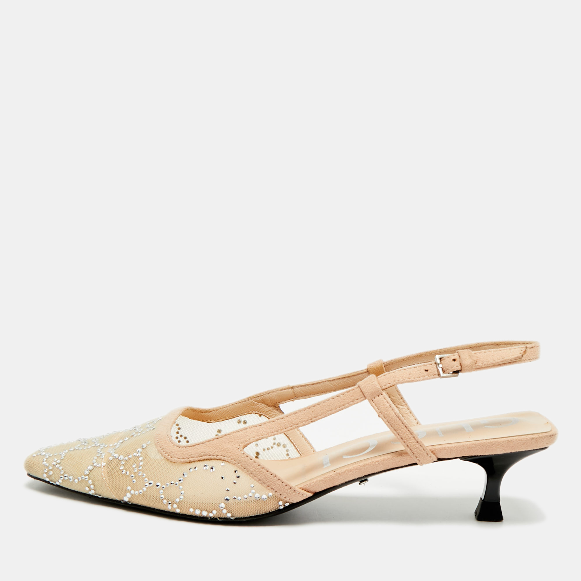 

Gucci Size  Beige Mesh and Suede Crystal Embellished Slingback Pumps