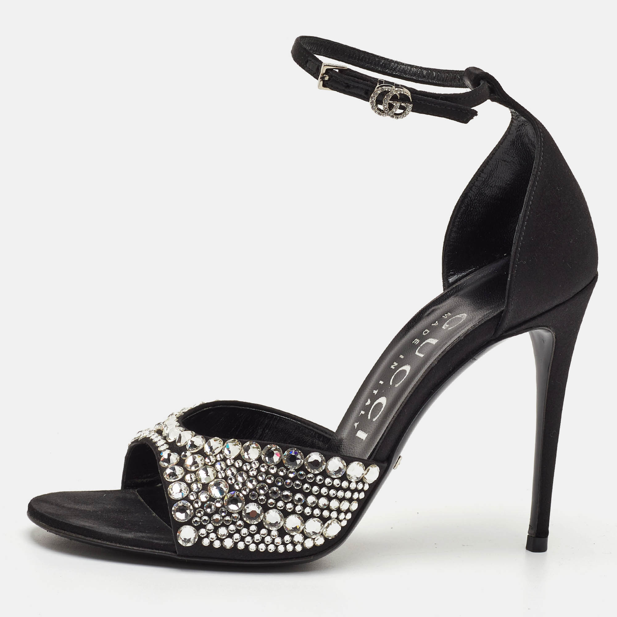 

Gucci Size  Black Satin Crystal Embellishments Ankle Strap Sandals