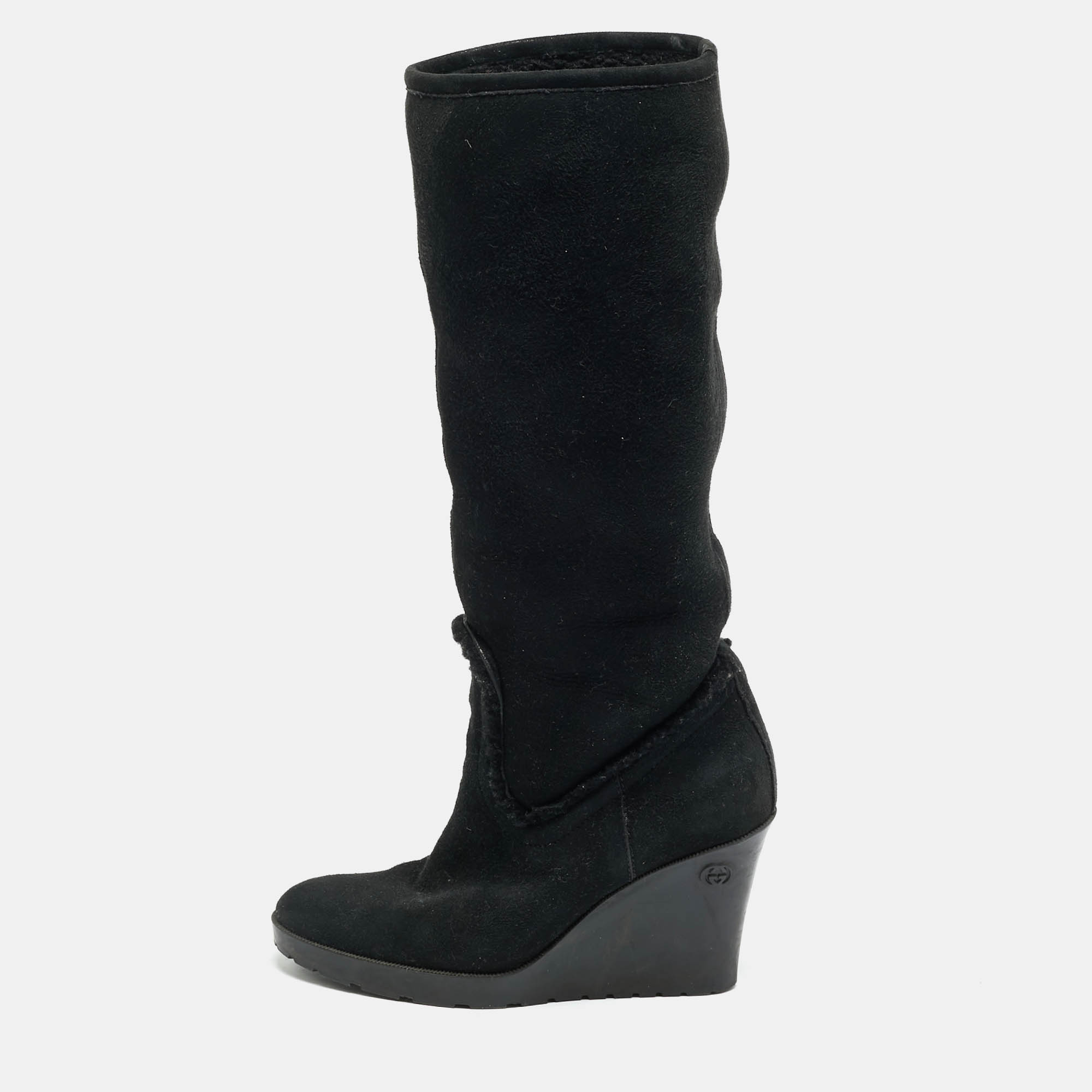 Gucci Courteney Size 36 Black Suede Wedge Knee Length Boots