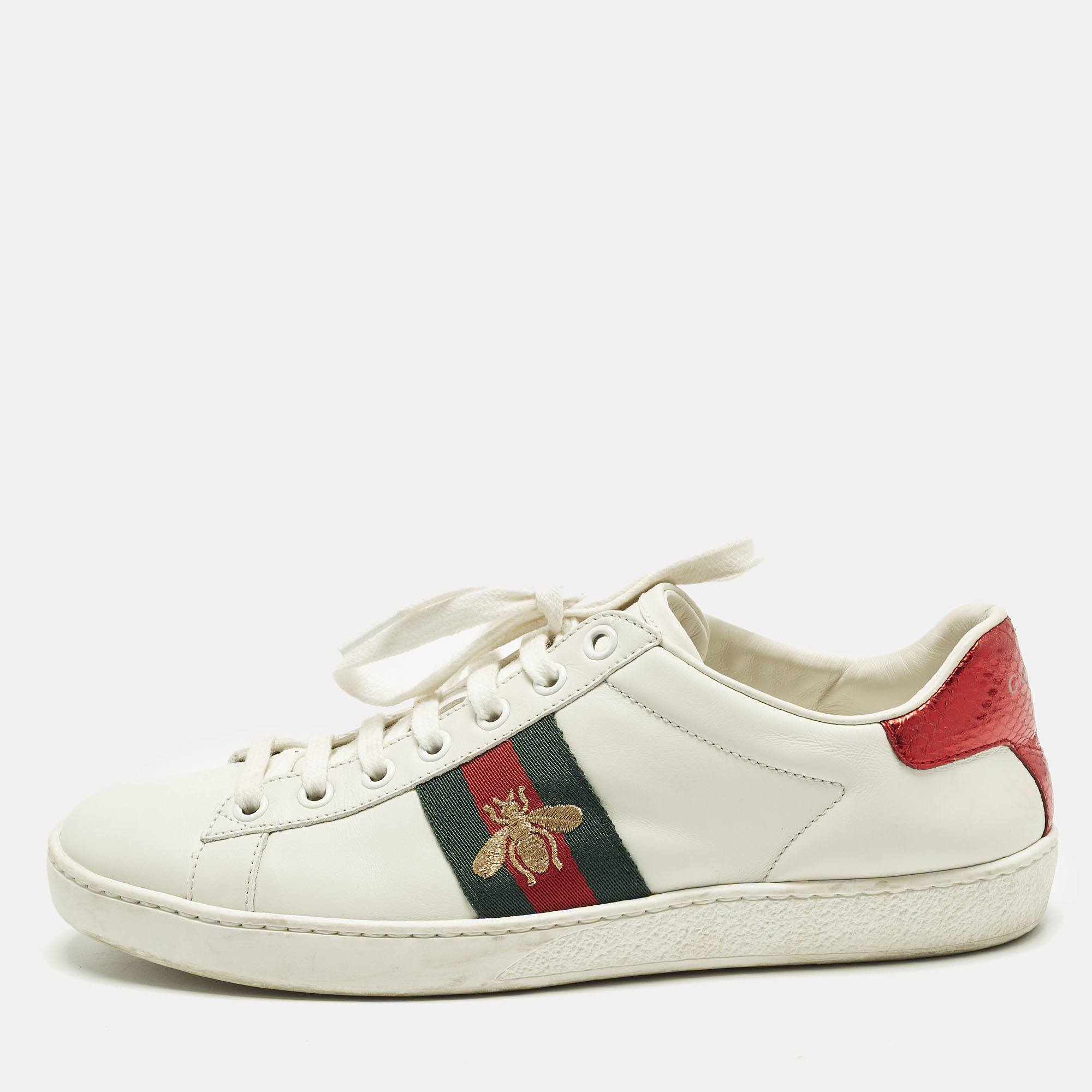 

Gucci Ace Size  White Leather and Python Embossed Web Lace Up Sneakers