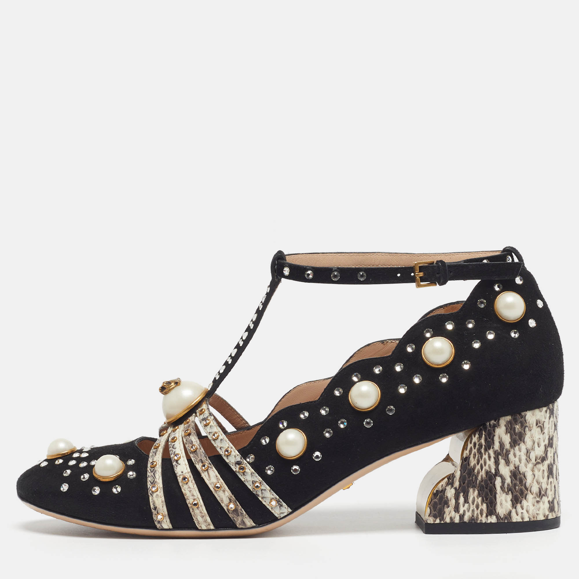 

Gucci Ofelia Size  Black/Beige Snakeskin Embossed Leather and Suede Embellished Block Heel Pumps
