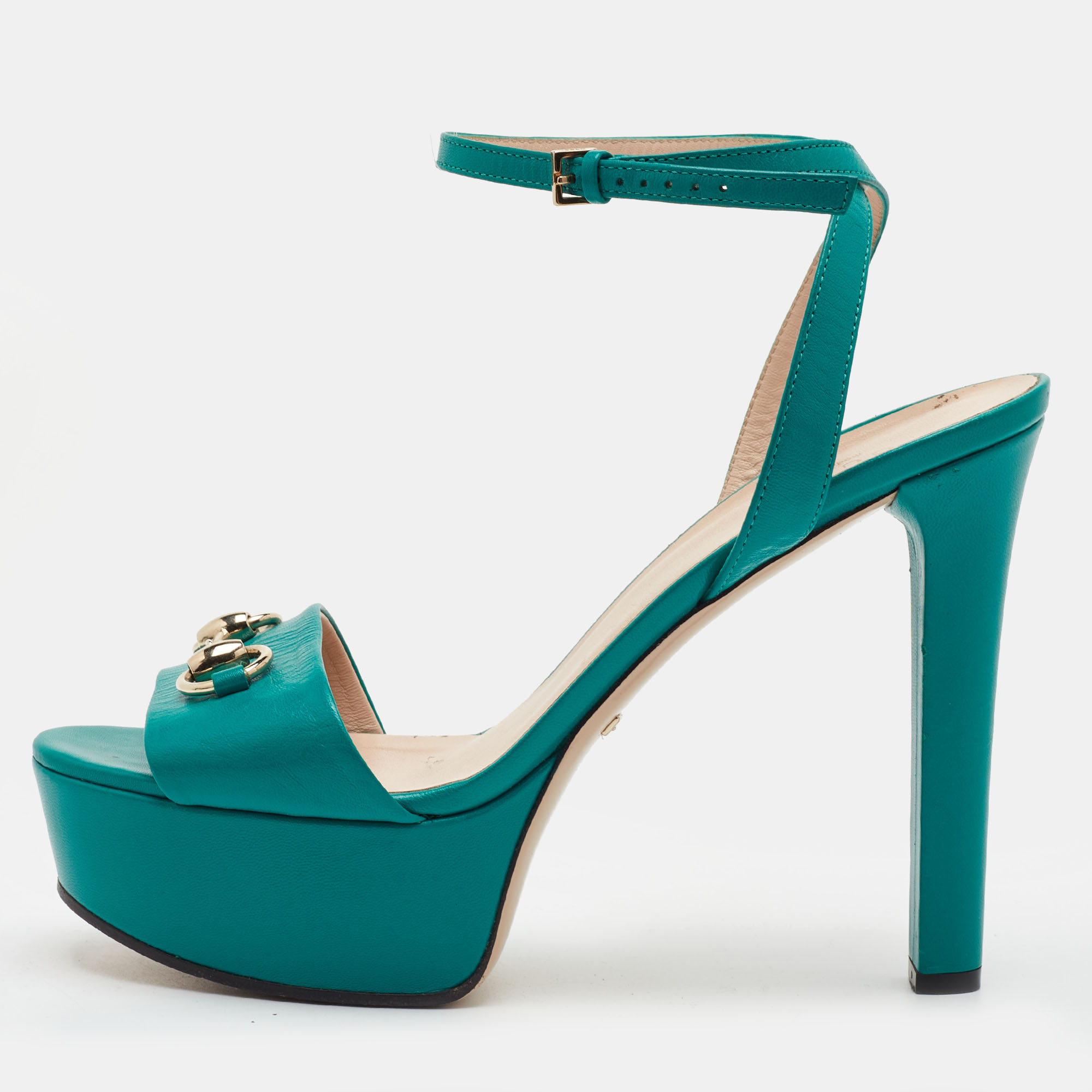 Gucci Horsebit Size 39 Green Leather Block Heel Ankle Strap Sandals