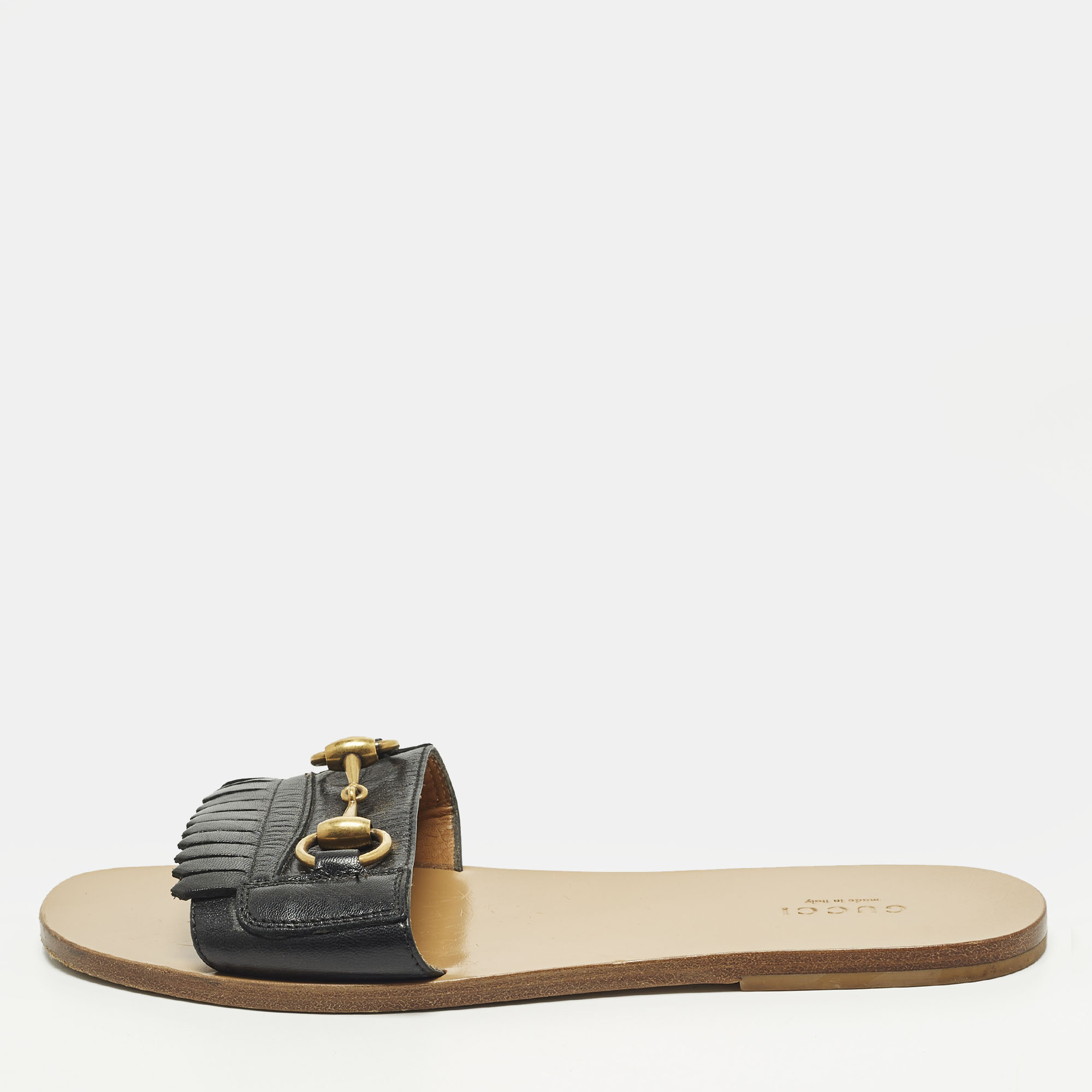 

Gucci Horsebit Size  Black Fringe Leather Flat Slides