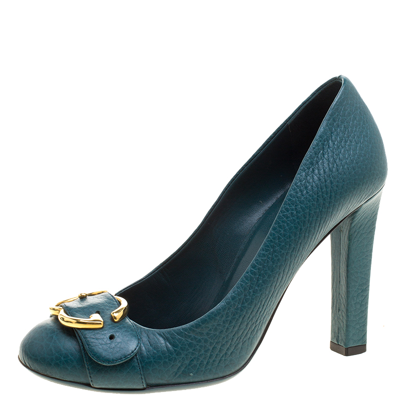 Pre Owned Gucci Green Leather Buckle Detail Round Toe Pumps Size 37