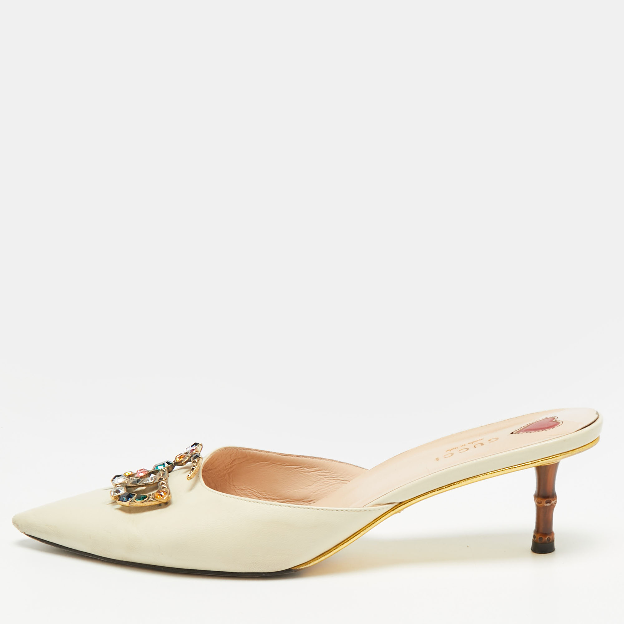 

Gucci GG Size  Cream Leather GG Crystal Embellishments Pointed Toe Mules