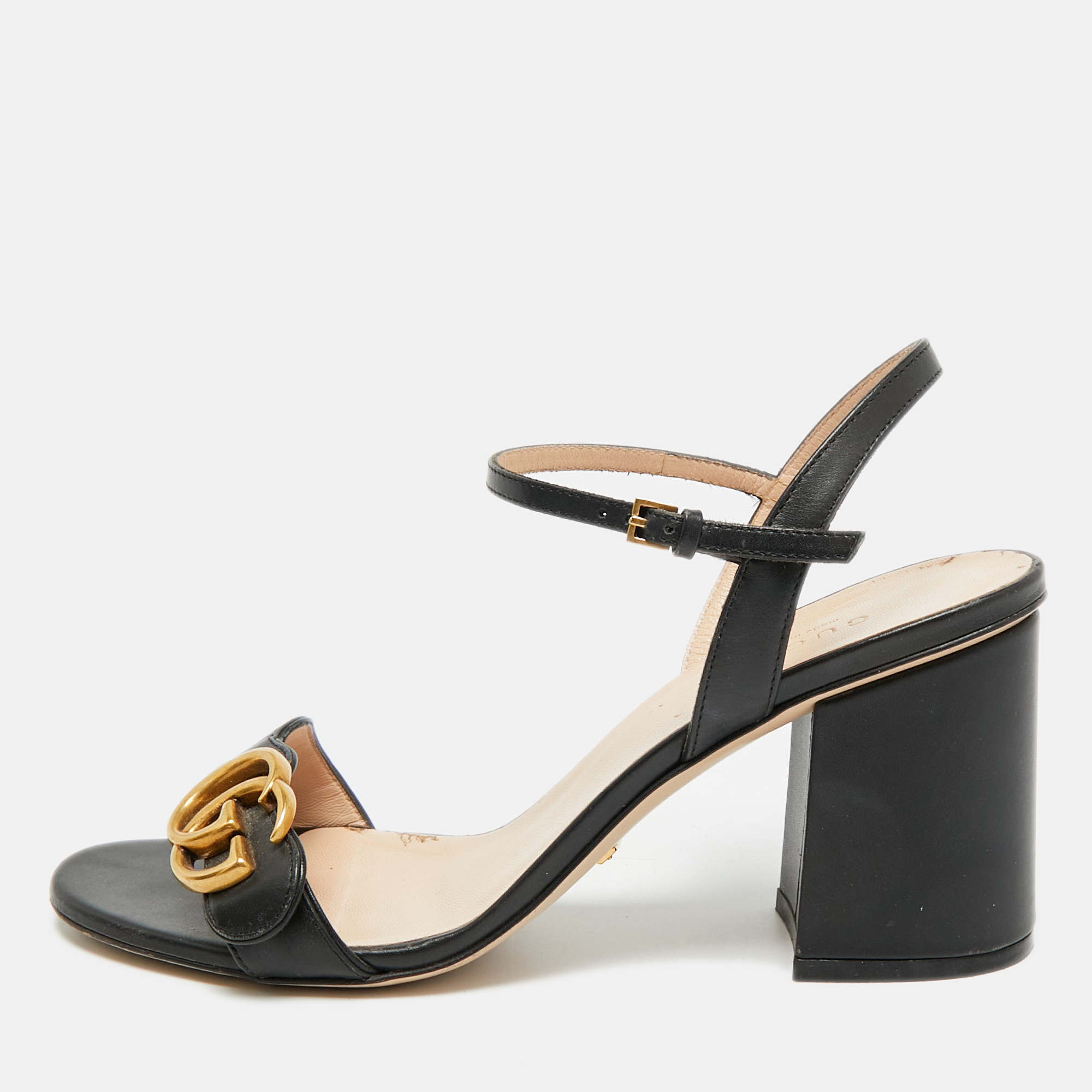 

Gucci GG Marmont Size  Black Leather Ankle Strap Sandals