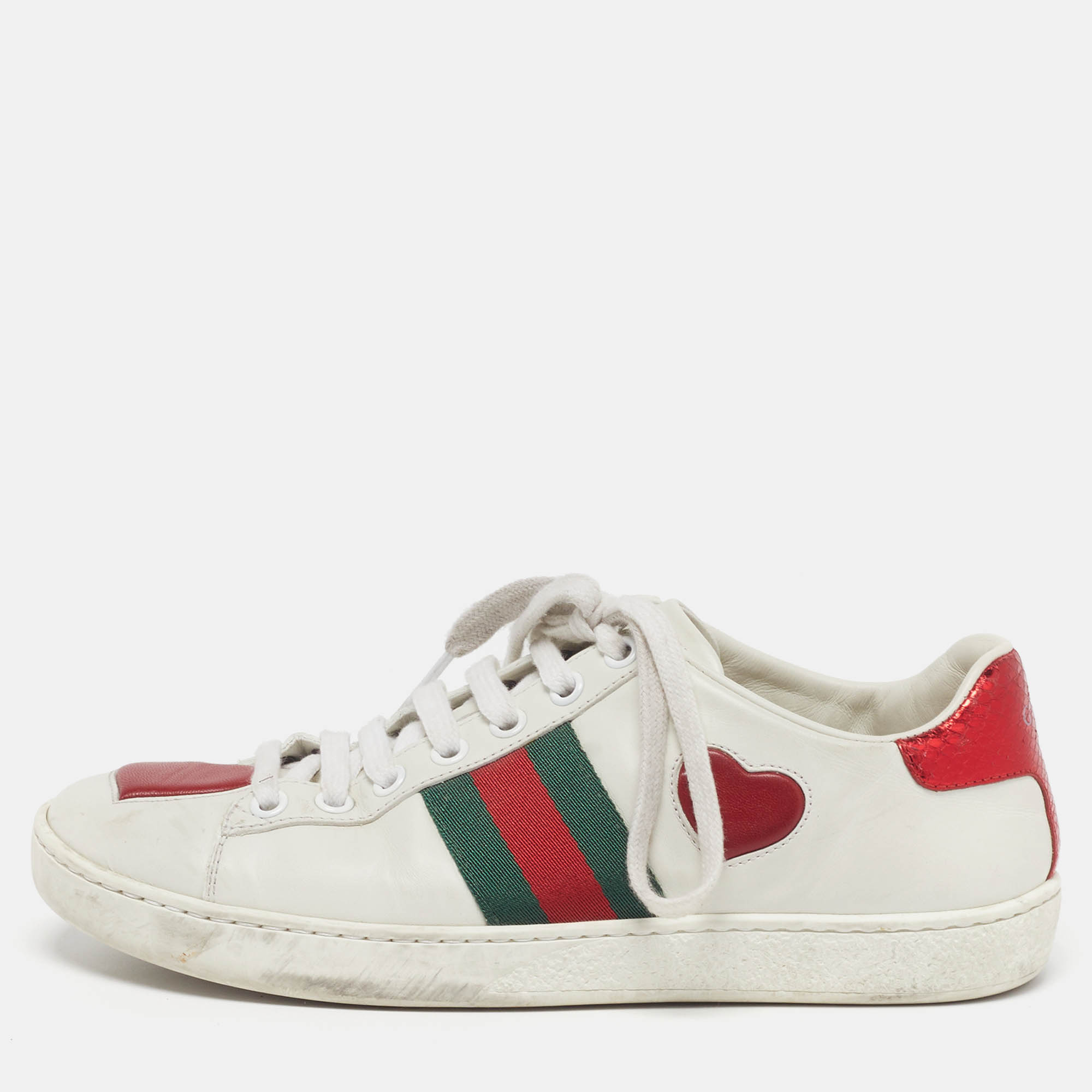 

Gucci Size  White Leather Ace Web Heart Detail Lace Up Sneaker