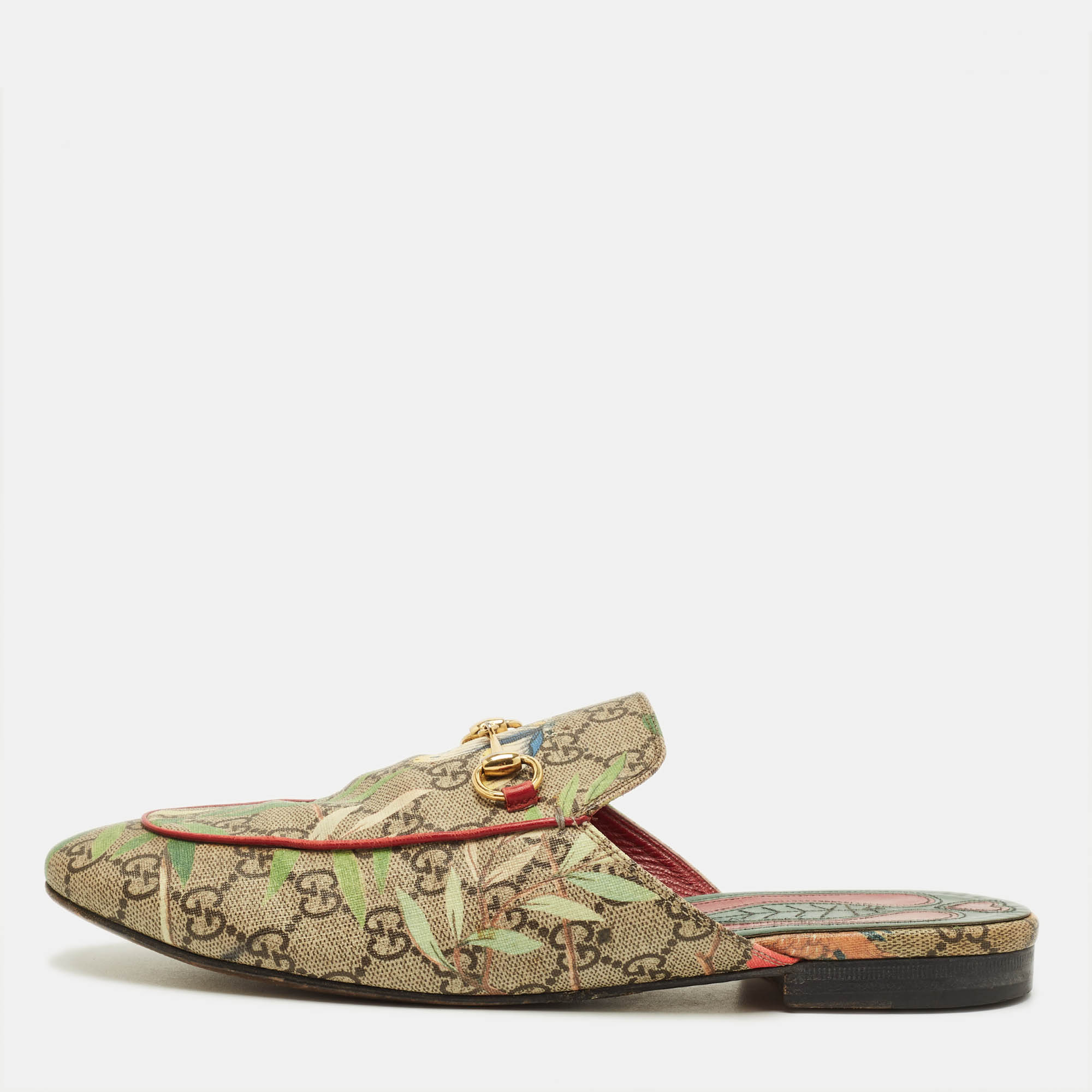 

Gucci Princetown Size  Beige/Brown Flora Print GG Coated Canvas Flat Mules