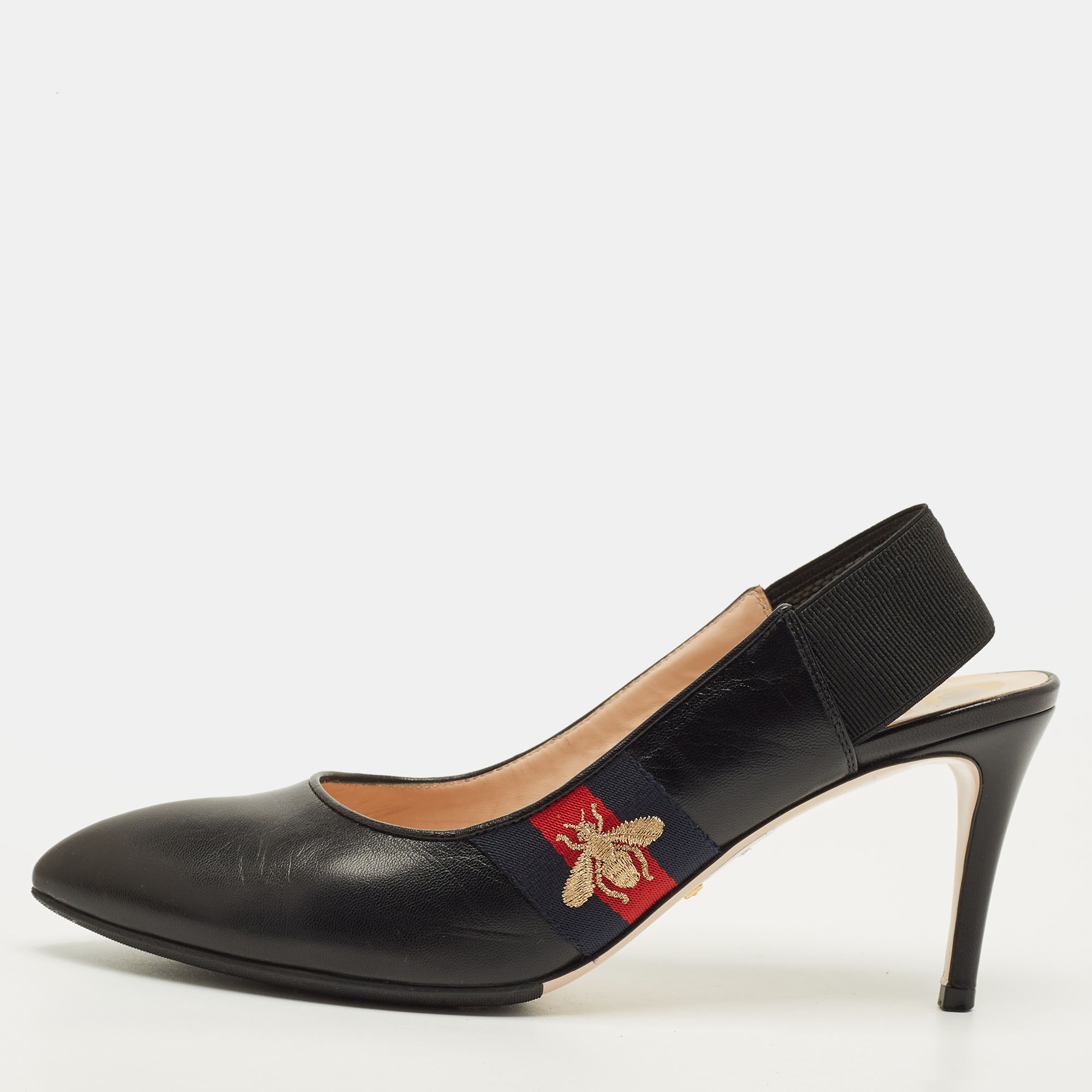 

Gucci Slyvie Size  Black Leather Web Slingback Pumps