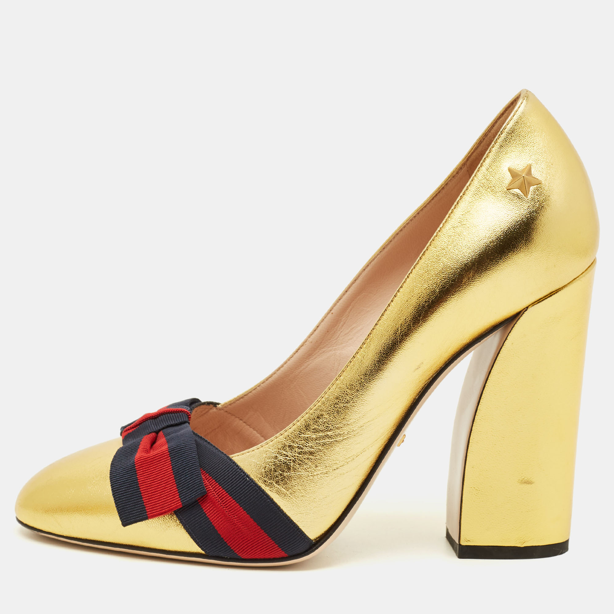 

Gucci GG Web Size  Gold Leather Pumps