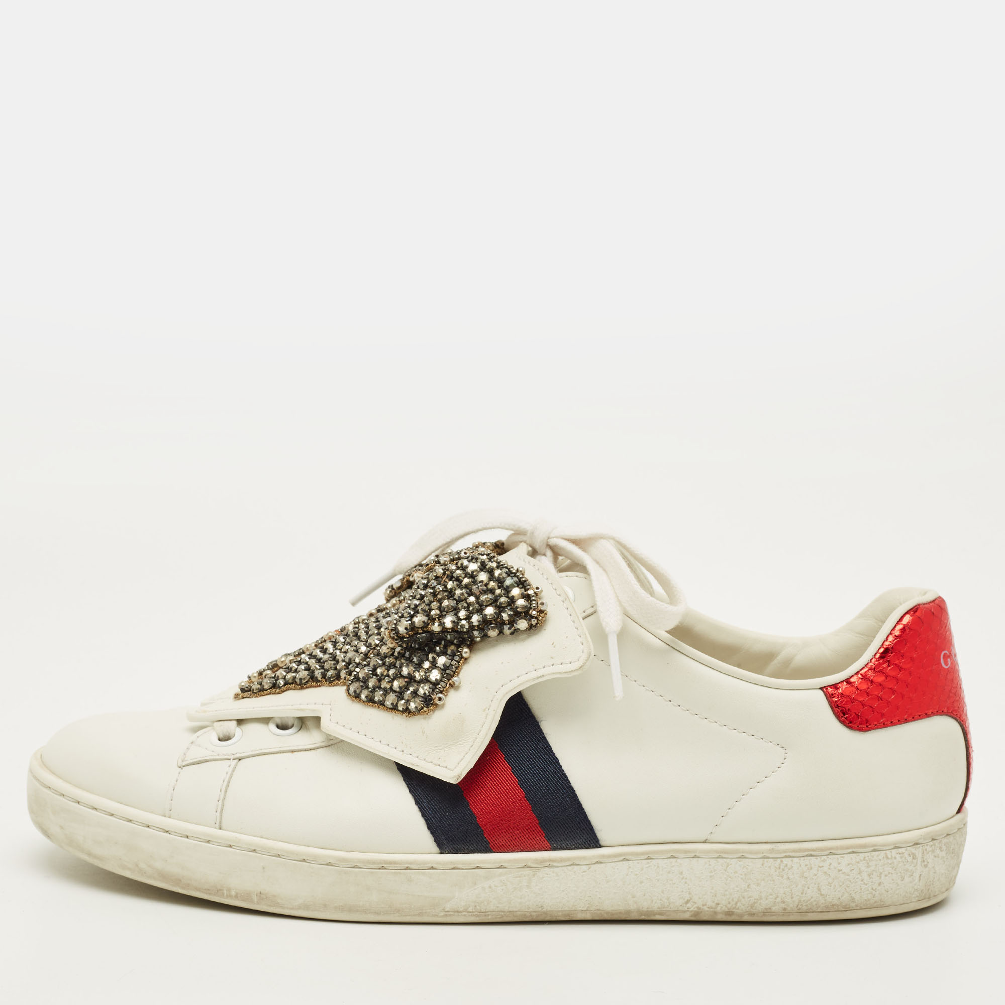 

Gucci Ace Size  White Leather Embellished Bow Patch Lace Up Sneakers