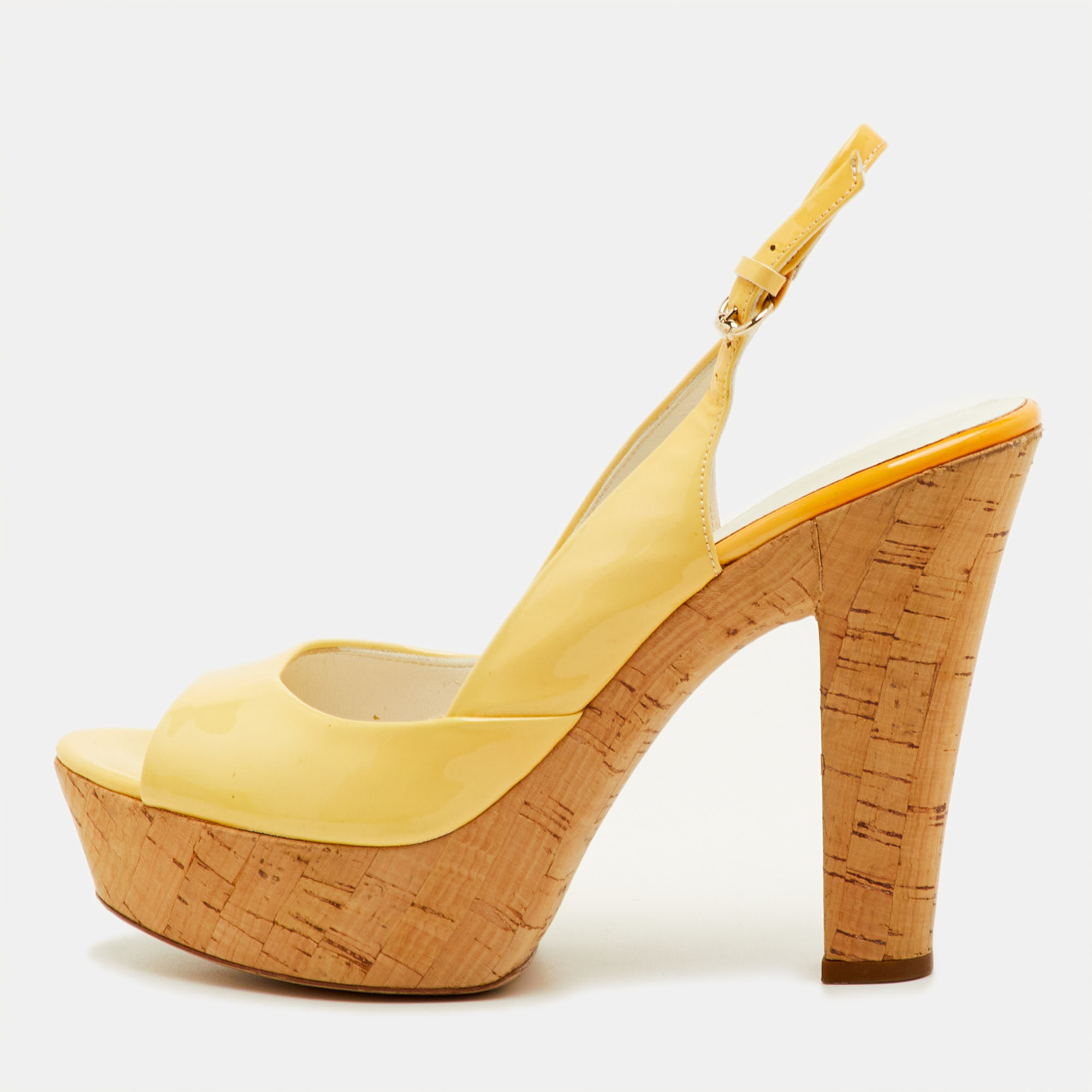 

Gucci Size  Yellow Patent Leather Cork Platform Slingback Sandals