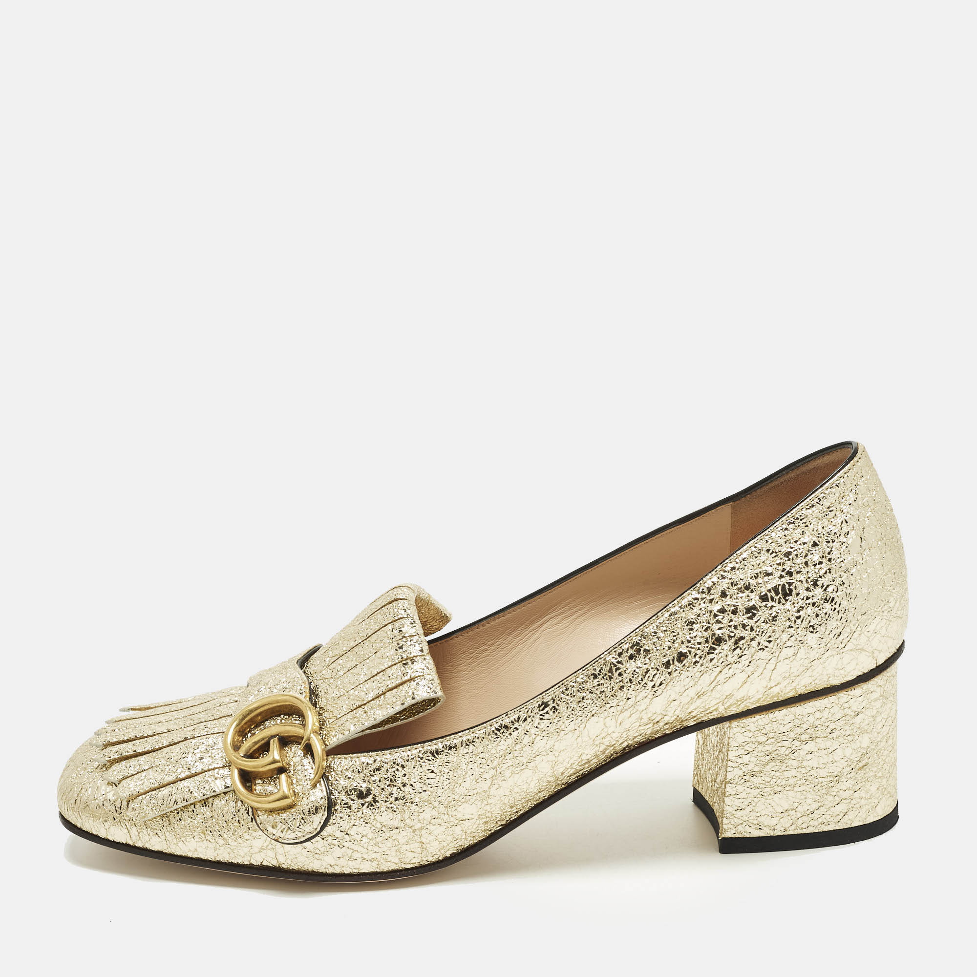 

Gucci GG Marmont Size  Gold Texture Leather Fringe Block Heel Pumps