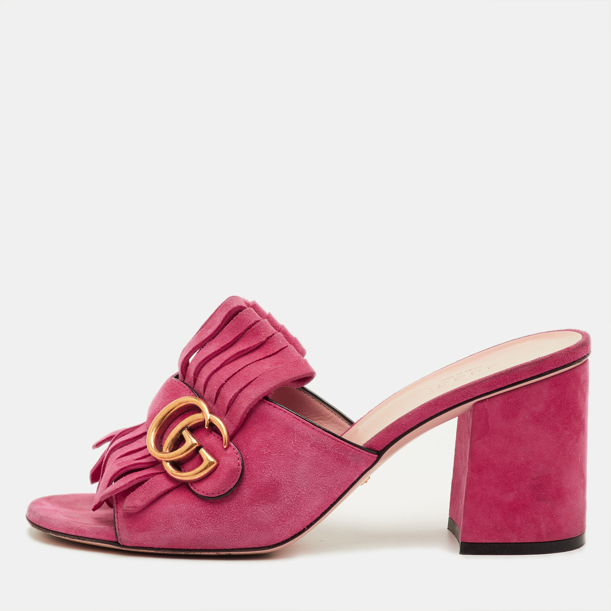 

Gucci GG Marmont Fringe Pink Suede Leather Open Toe Slide Sandals