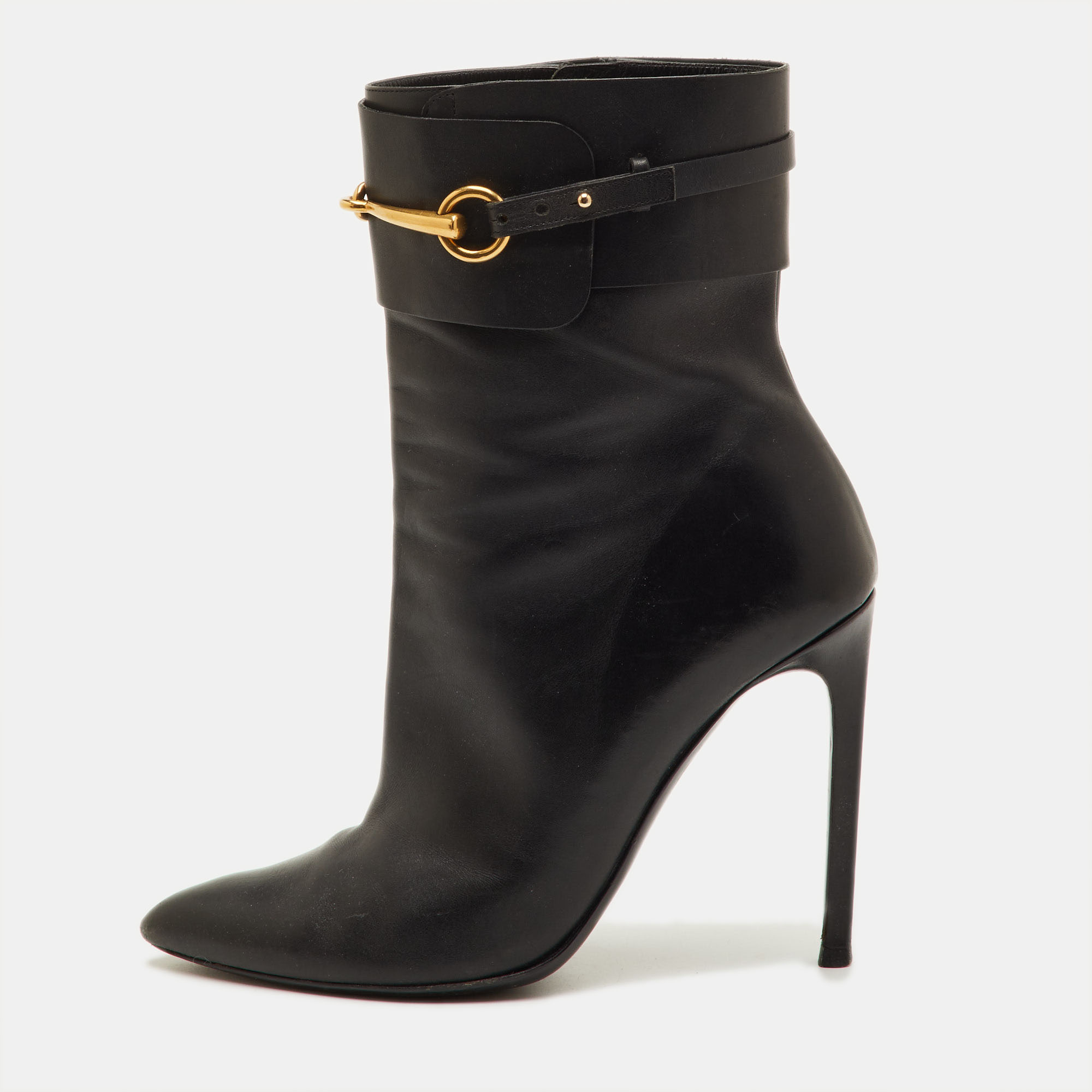 

Gucci Horsebit Accent Size  Black Leather Pointed Toe Mid Calf Boots