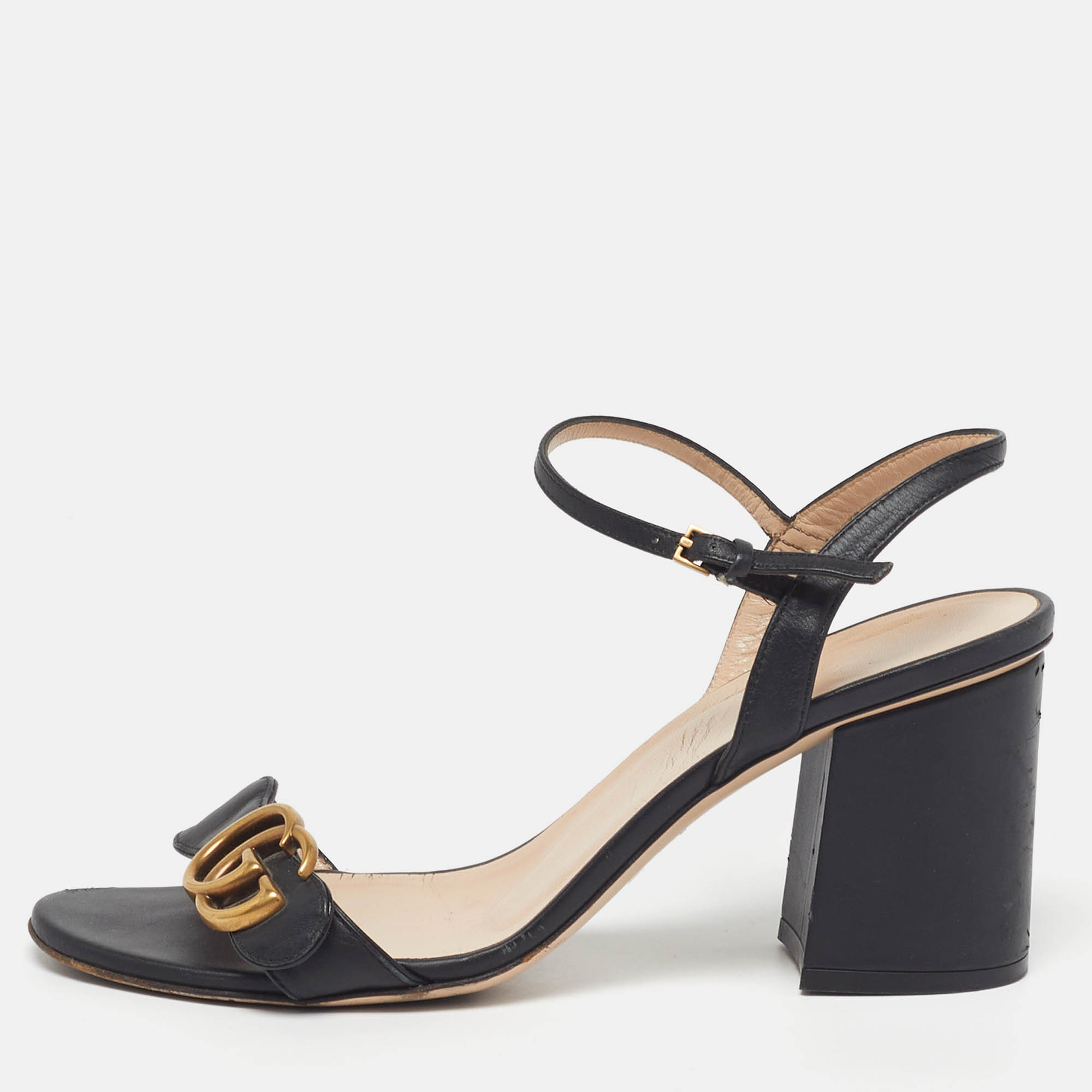 

Gucci GG Marmont Size  Black Leather Ankle Strap Sandals