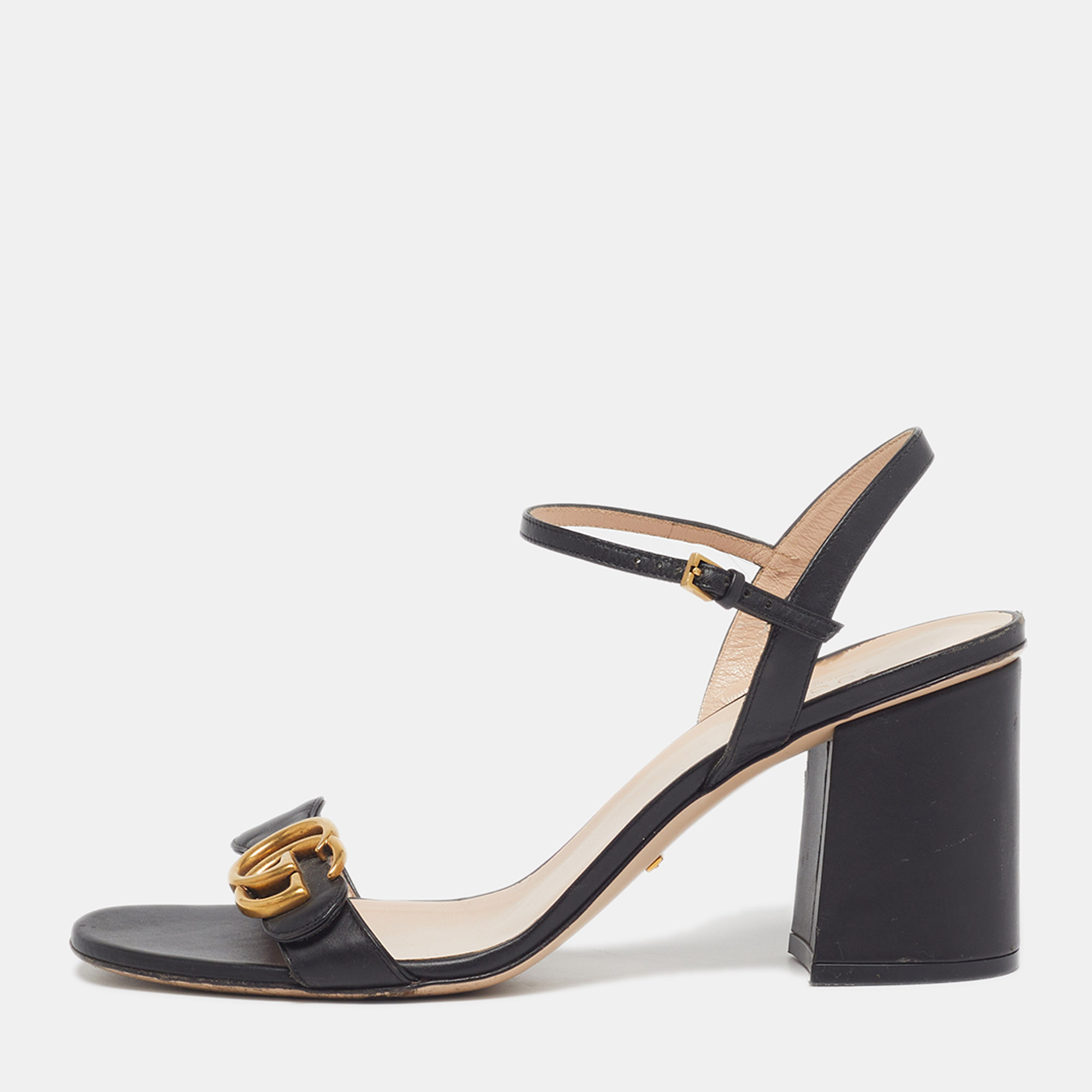 Gucci GG Marmont Size 40.5 Black Leather Block Heel Ankle Strap Sandals