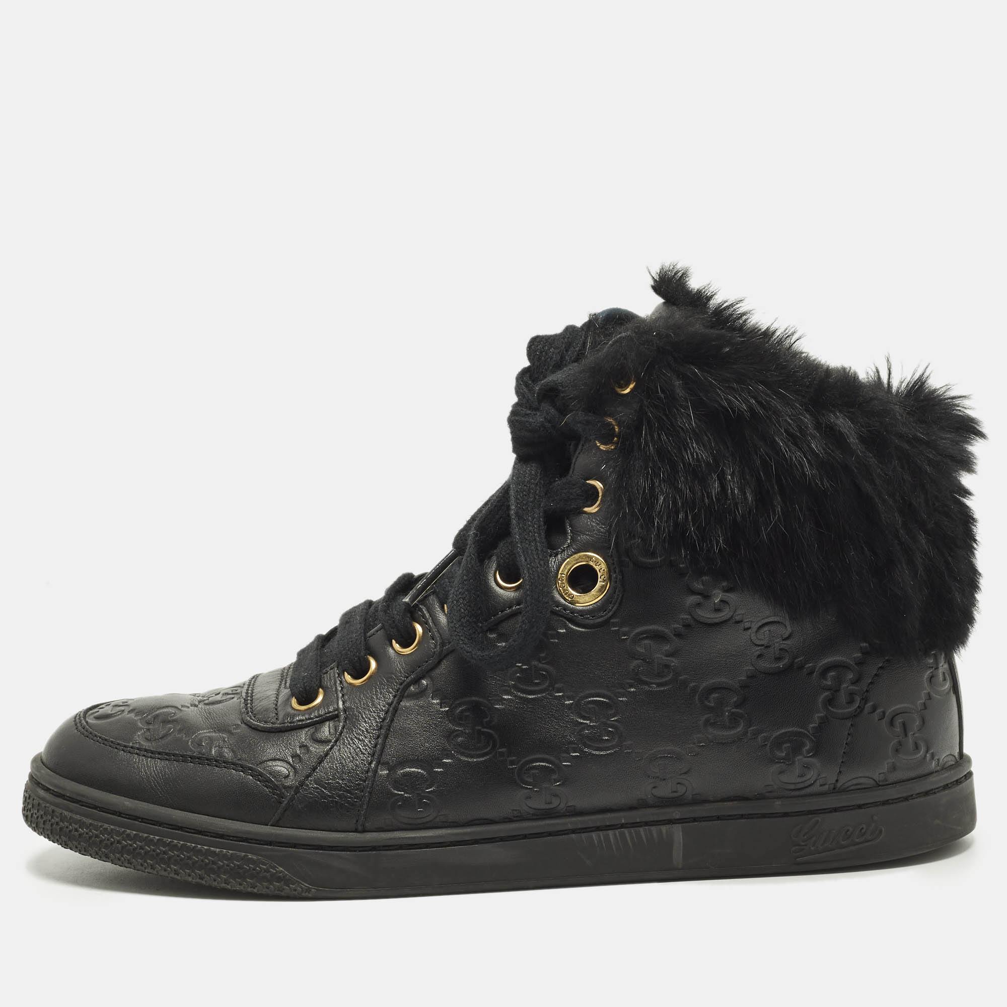 

Gucci Guccissima Size  Black Cada Fur and Leather High Top Sneakers