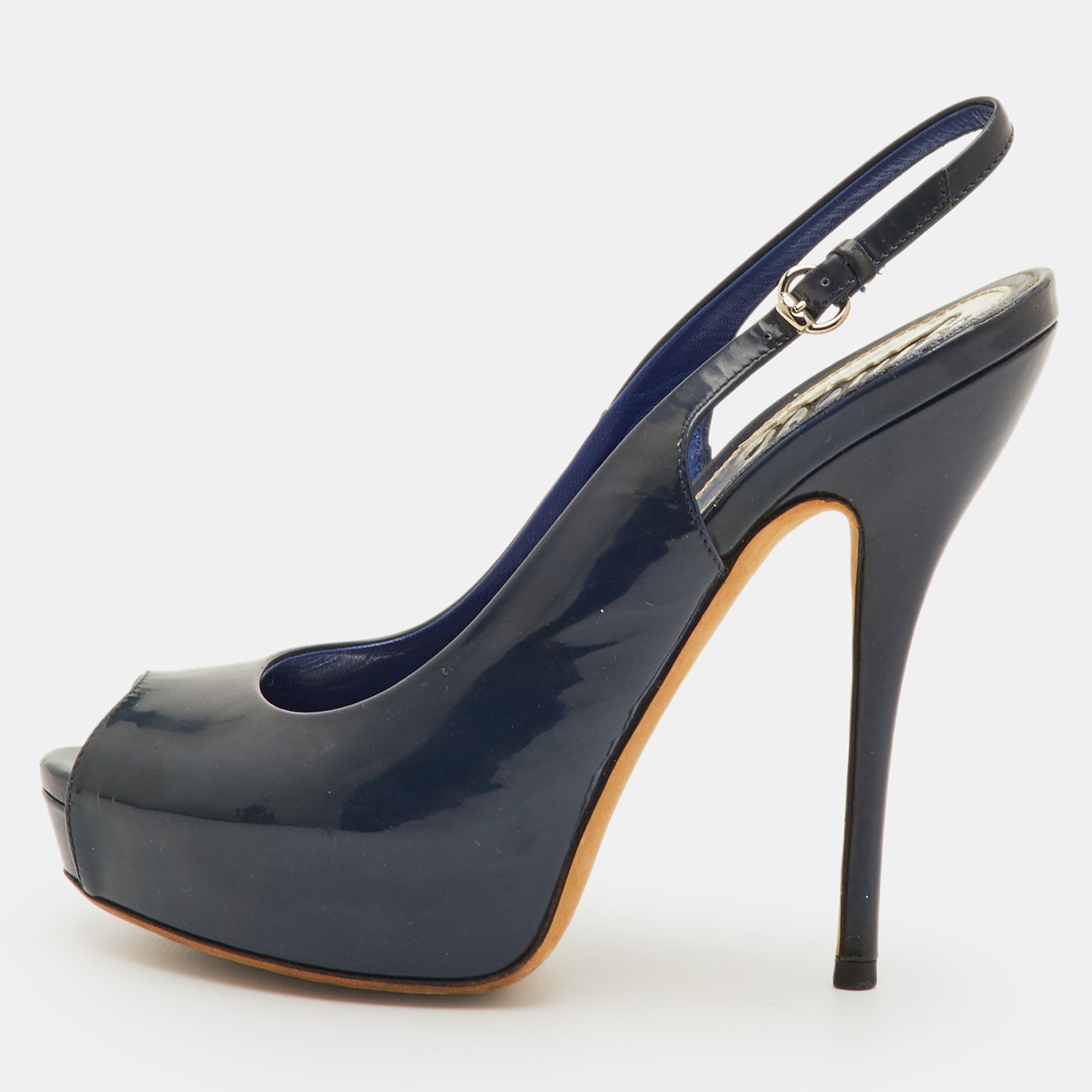 Pre-owned Gucci Sofia Size 36 Navy Blue Patent Leather Platform Peep Toe Slingback Sandals