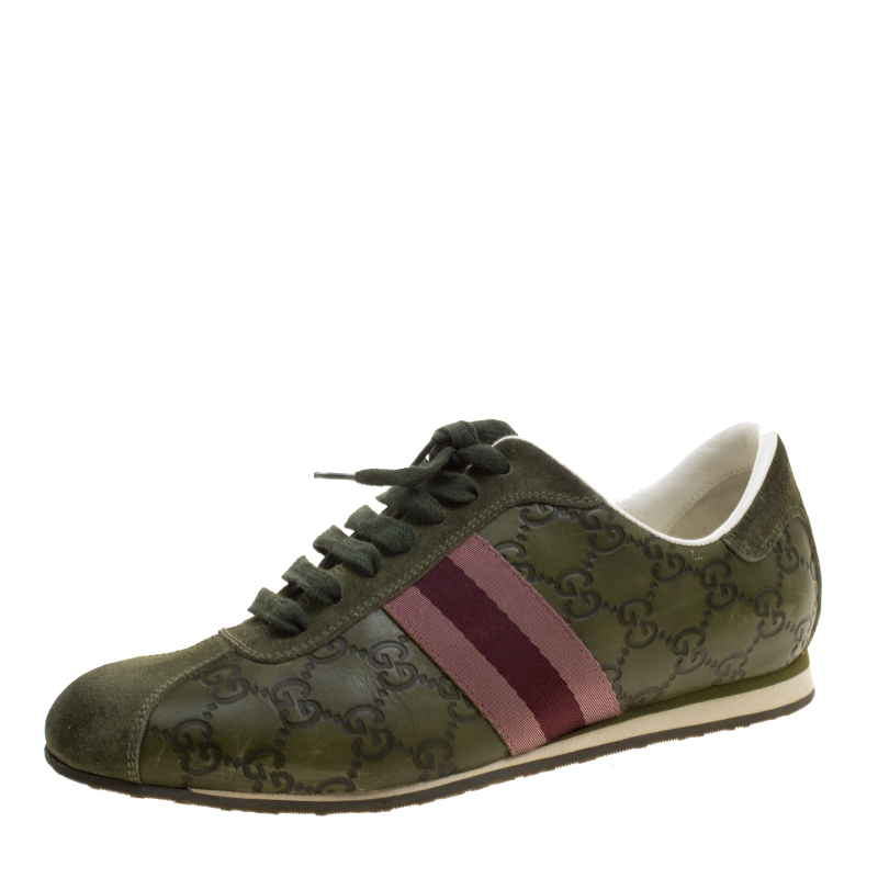 Pre Owned Gucci Green Guccissima Leather Web Detail Low Top Sneakers Size 38.5