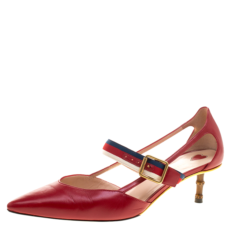 حذاء كعب عالي غوتشي ماري جين يونيا جلد أحمر مقاس 39.5