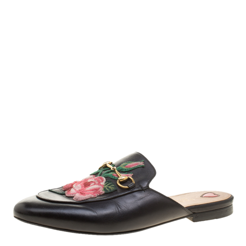 Pre Owned حذاء مولز غوتشي برينستاون مطرز هورسبيت جلد أسود مقاس 38.5