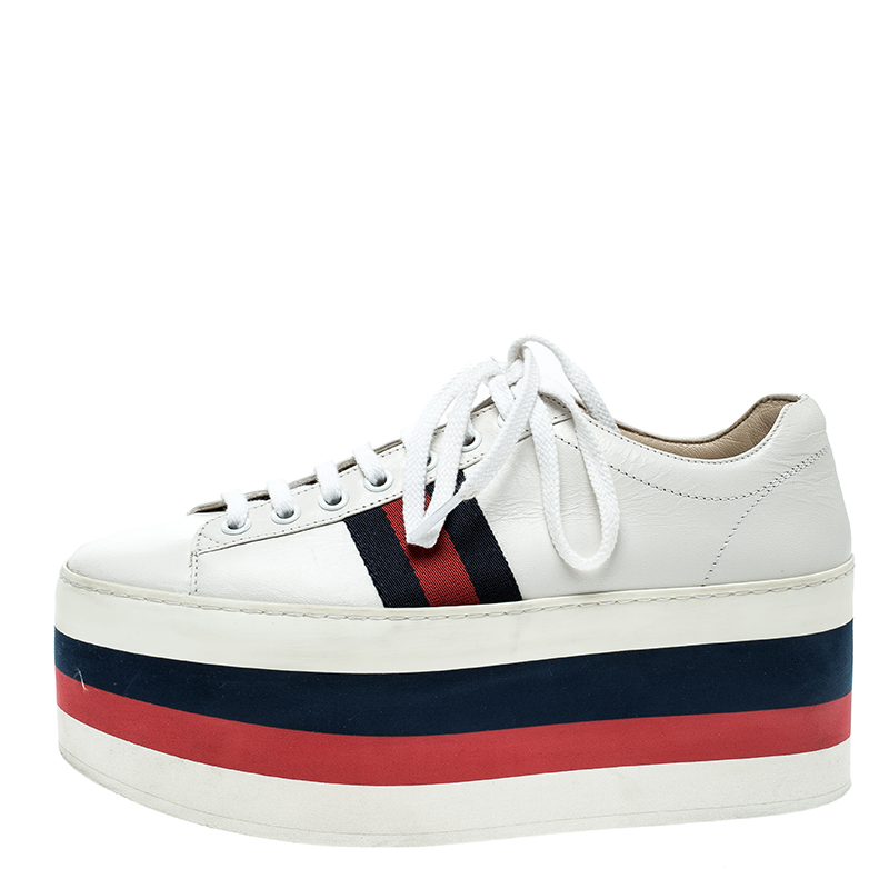 Gucci White Leather Peggy Web Detail Platform Sneakers Size 37