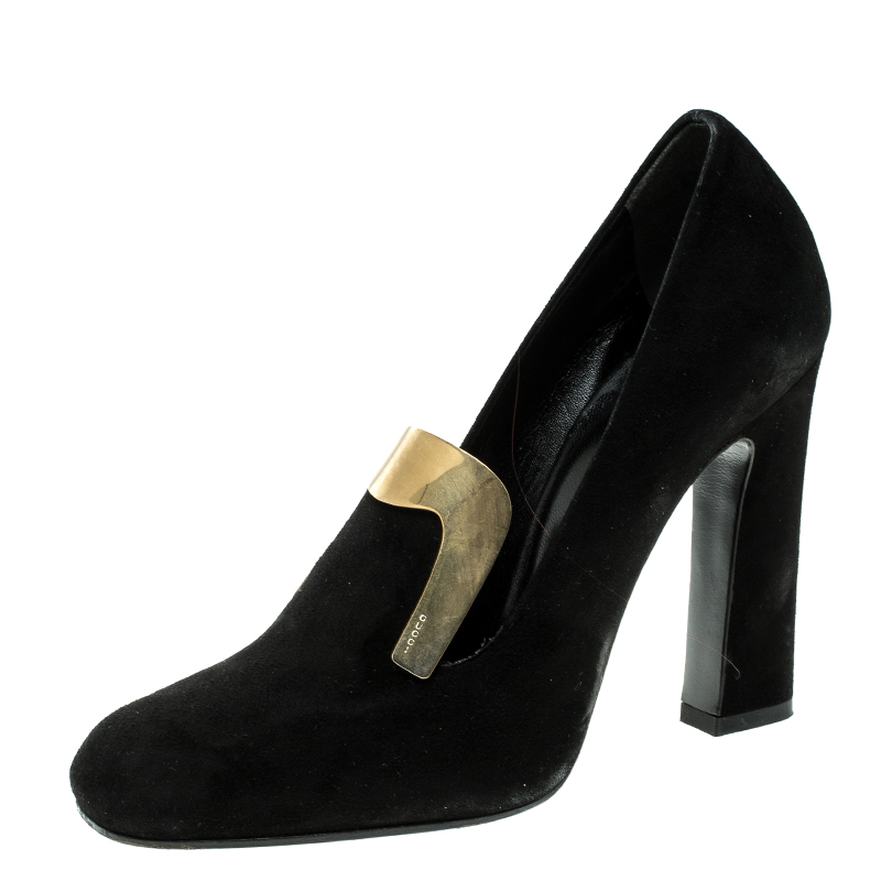 Pre Owned Gucci Black Suede Alma Classic Loafer Pumps Size 37.5
