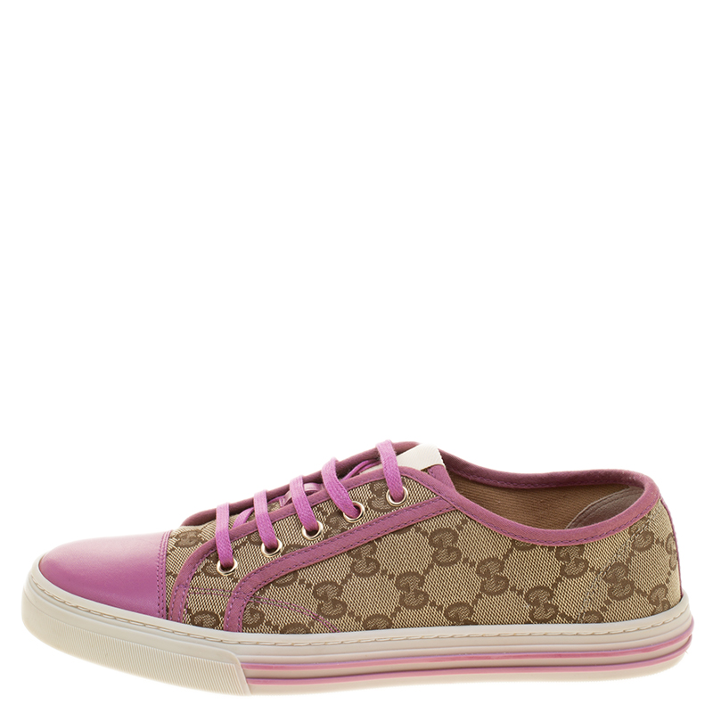 Gucci Pink Leather and Beige Guccissima Canvas Low Top Sneakers Size 39 ...