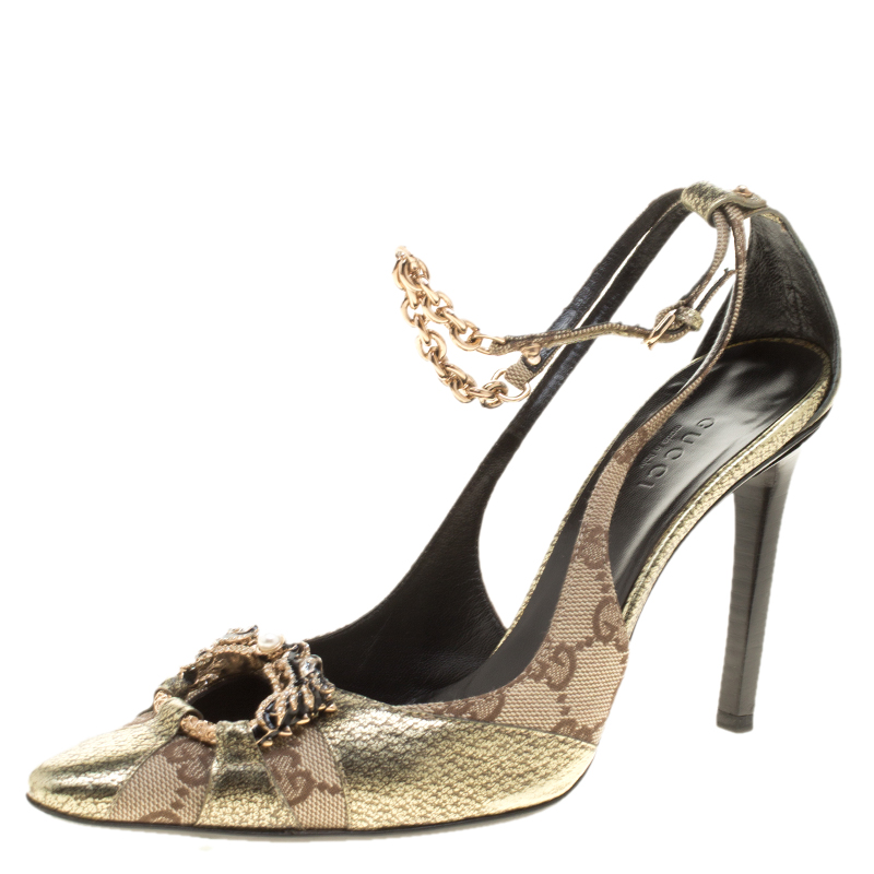 Pre Owned Gucci Beige GG Canvas And Leather Crystal Embellished Pointed Toe Slingback Sandals Size 36.5