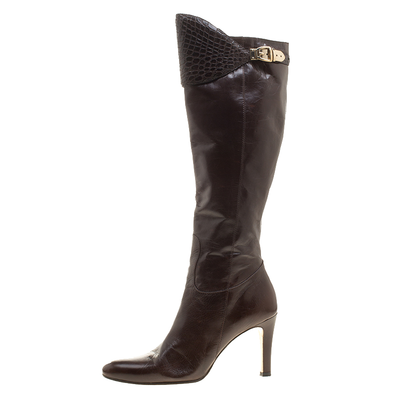 

Gucci Brown Leather Croc Trimmed Calf Length Boots Size