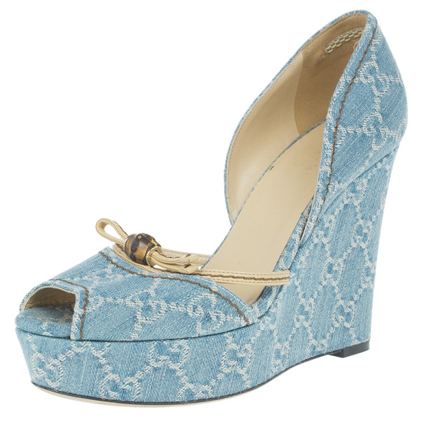 Pre Owned Gucci Guccissima Denim D'orsay Wedges Size 37