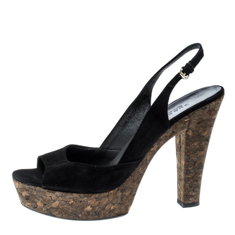 

Gucci Black Suede Grease Cork Platform Peep Toe Slingback Sandals Size