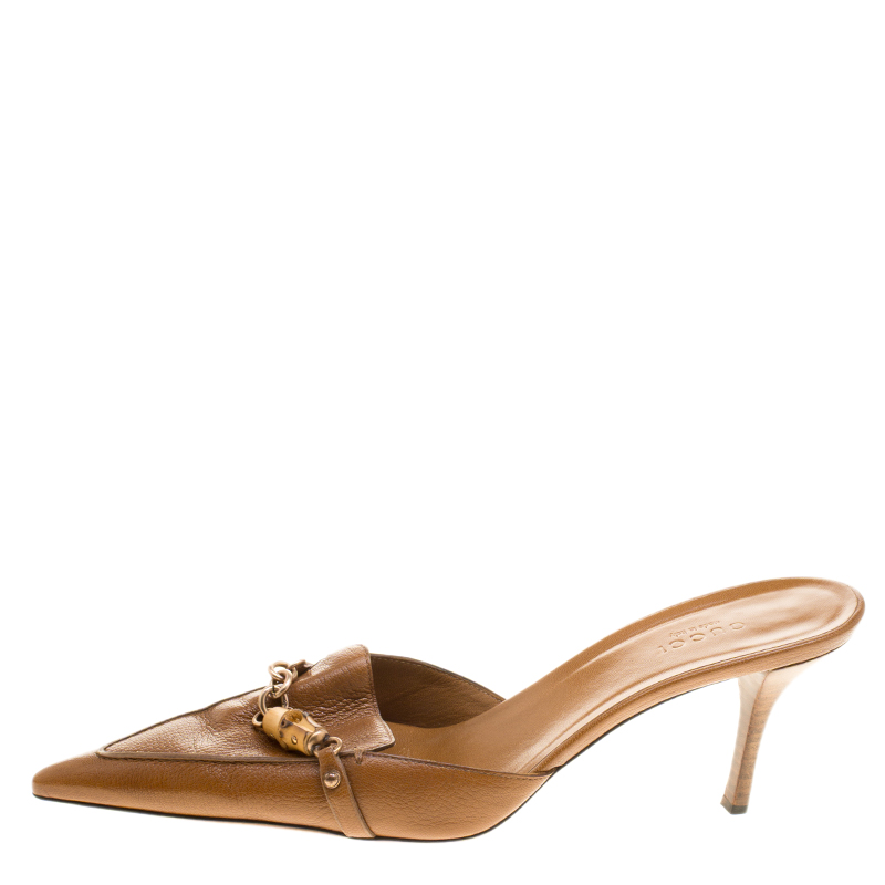 

Gucci Brown Leather Bamboo Detail Pointed Toe Slides Size