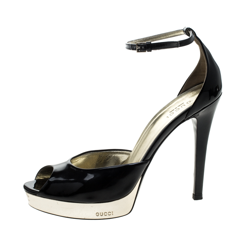 

Gucci Black Patent Leather Ankle Strap Peep Toe Platform Sandals Size