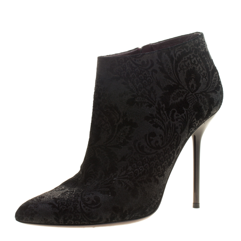 Pre Owned Gucci Black Brocade Leather Ankle Boots Size 38