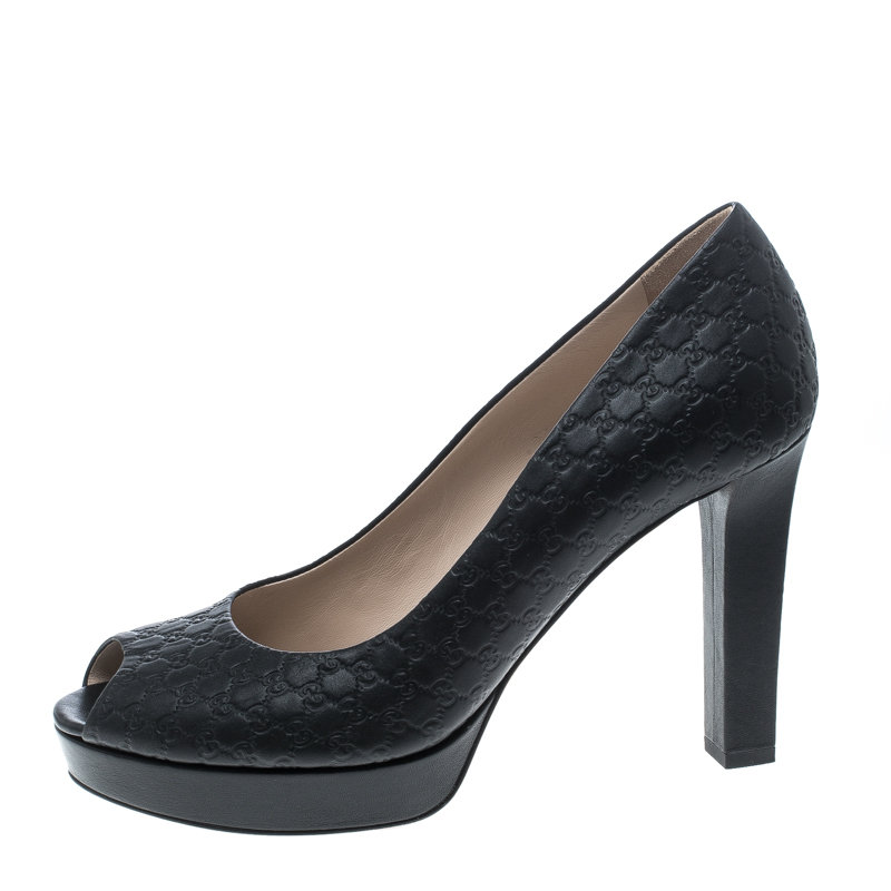 Gucci Black Microguccissima Leather Peep Toe Platform Pumps Size 40 Gucci Tlc