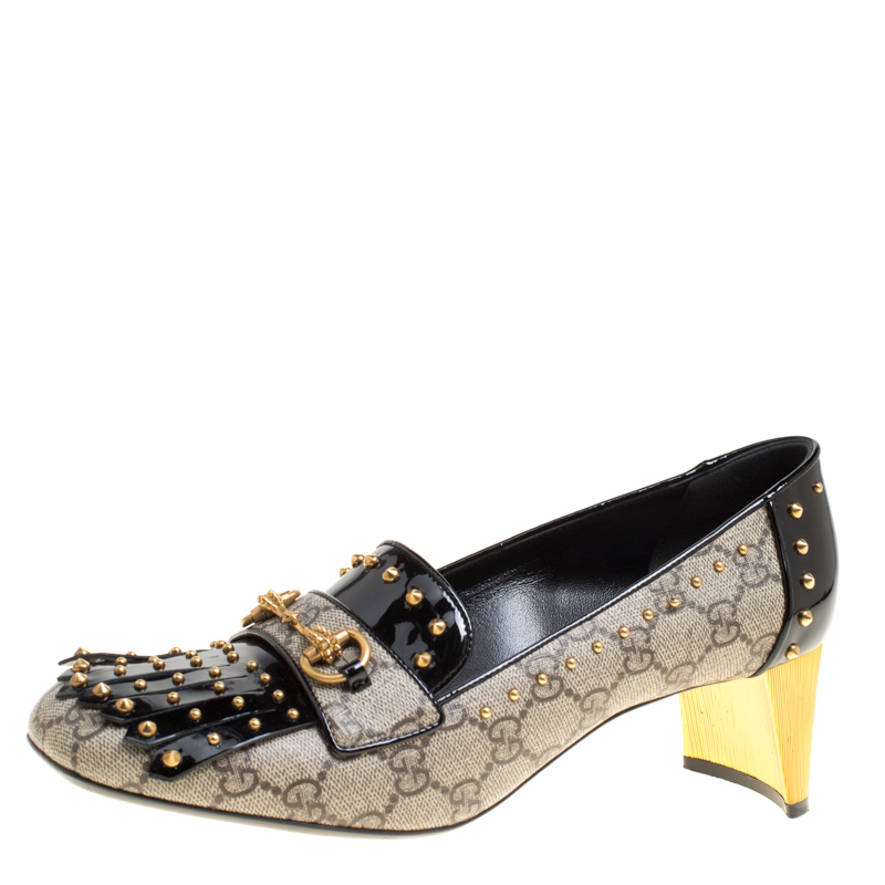 Pre Owned Gucci Beige/Black GG Supreme Canvas and Patent Leather Studded Fringe Loafer Pumps Size 40.5