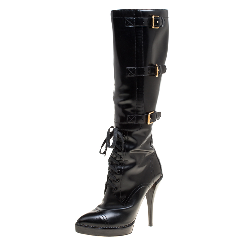 Pre Owned Gucci Black Leather Riddle Lace-Up Platform Knee Boots Size 39