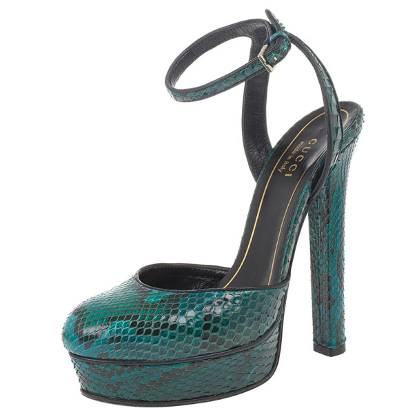 Gucci Green Python Huston Ankle Strap Platform Sandals Size 35.5