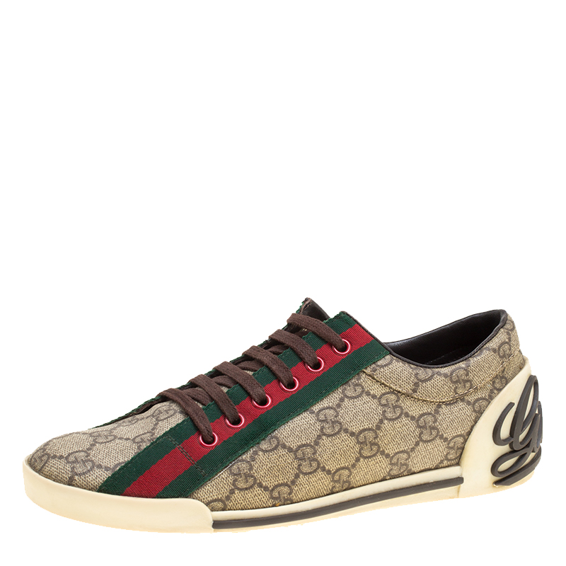 Gucci Beige GG Coated Canvas Classic Web and Script Low Top Sneakers ...