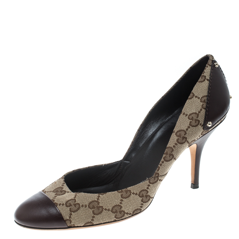 Pre Owned Gucci Beige GG Canvas Brown Leather Cap Toe Pumps Size 40
