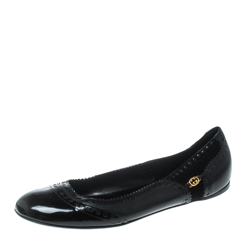 Pre Owned Gucci Black Leather Barclay GG Ballet Flats Size 41