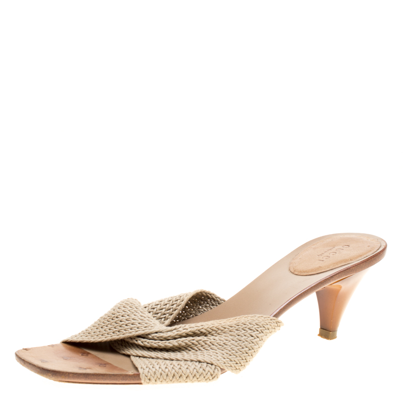 Pre Owned Gucci Beige Braid Rope Knot Slides Size 40