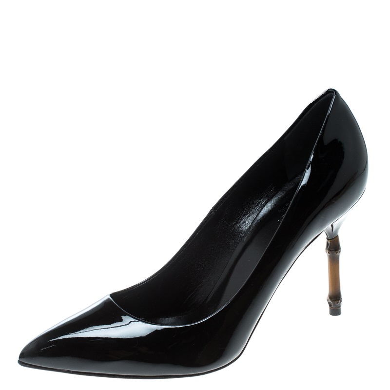 Pre Owned Gucci Black Patent Leather Kristen Bamboo Heel Pointed Toe Pumps Size 39