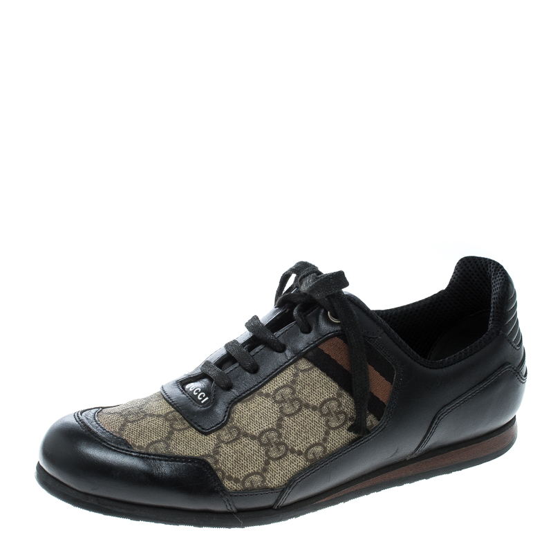 Pre Owned حذاء رياضي غوتشي أربطة ويب سيرانو جلد وكانفاس سوبريم GG أسود/ بيج مقاس 37