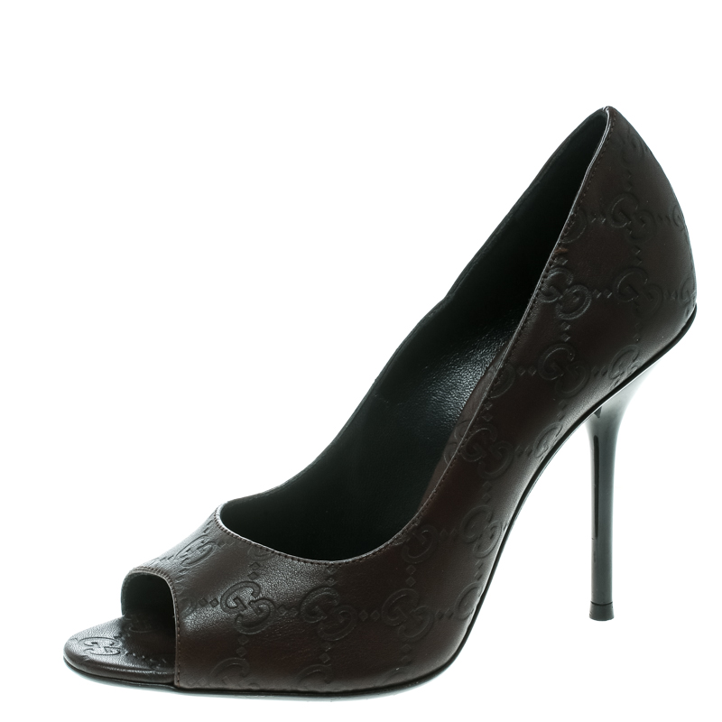 Pre Owned Gucci Brown Guccissima Leather Peep Toe Pumps Size 37