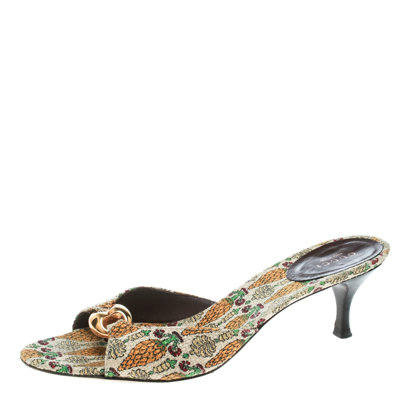 Pre Owned Gucci Beige Printed Canvas Horsebit Link Slides Size 39