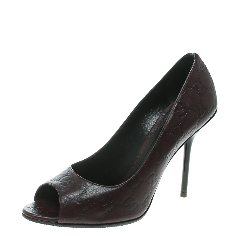 Pre Owned Gucci Plum Guccissima Leather Peep Toe Pumps Size 38.5